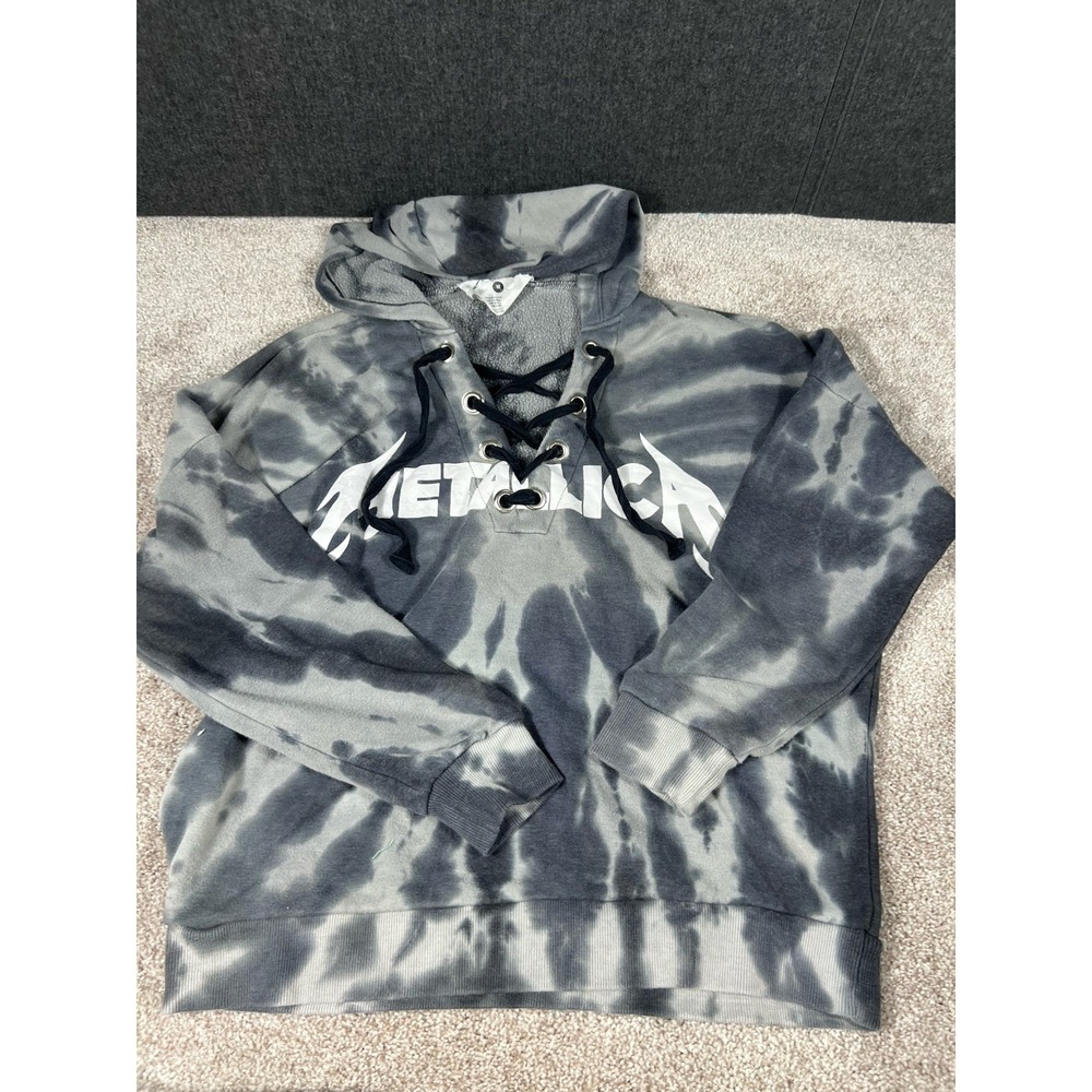 METALLICA Tie Dye Gray Women's V Neck Laced Sweater Size Medium With Hoody VTG